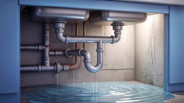 Leaking kitchen sink pipes dripping water onto cabinet floor. Plumbing emergency and home maintenance concept. Lockdown shot.