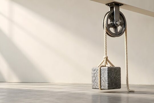 Pulley Lifting a Heavy Stone Block with Rope, Mechanical Advantage and Heavy Load Concept with Copy Space