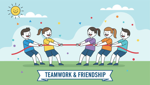 Group of cheerful children playing tug of war on a green field under a smiling sun with a teamwork slogan below.