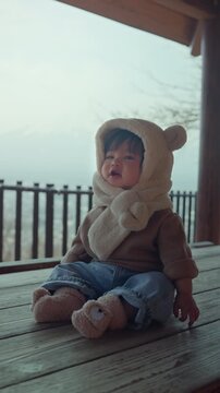 Cute Asian toddler girl wearing warm bear hood and winter clothes sitting at wooden rest area on the way to Chureito Pagoda near Mount Fuji in Japan, adorable child enjoying family travel