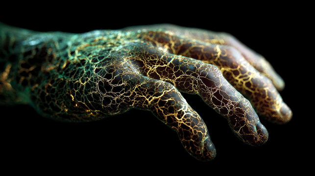 Close up of textured amphibian foot with dark webbed toes, golden branching pattern, glossy surface, and dramatic isolated lighting on black background, wildlife anatomy photograph