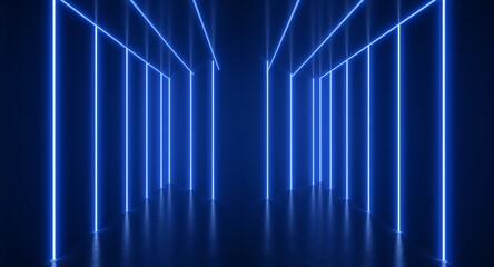 Fototapeta premium An abstract minimal backdrop featuring glowing vertical lines and electric blue accents, reminiscent of a laser show in a virtual reality setting, designed for stunning copy space.