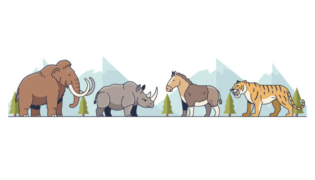 Prehistoric ice age animals including a woolly mammoth, rhinoceros, horse, and saber-toothed tiger in wild nature.