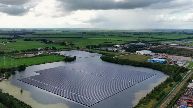 Aerial view of floating solar panels on a lake in Friesland, the Netherlands