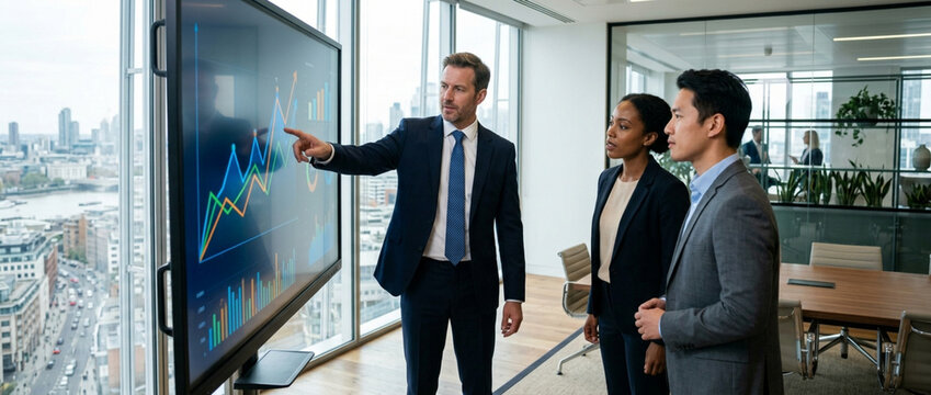 Diverse business team analyzing financial data on large screen in modern office