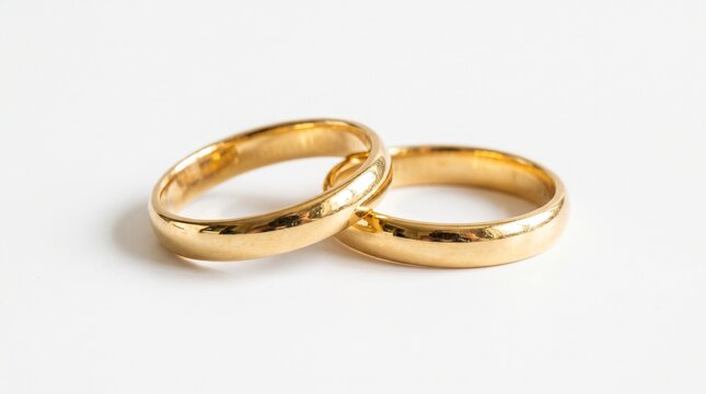 Two elegant gold wedding rings intertwined symbolizing love and commitment isolated on a clean white background for jewelry or marriage concepts