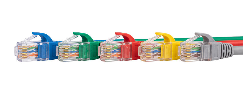 Colorful network ethernet LAN cables with RJ45 connectors arranged in a row isolated on a black background representing high speed internet data transfer and reliable global telecommunication connecti