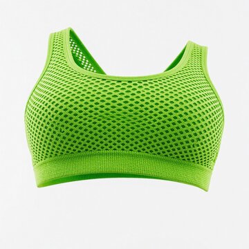 Close up of bright neon green mesh sports bra isolated on white background. Breathable athletic top with textured fabric pattern for gym workout. Lightweight activewear garment for female fitness