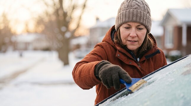 Windshield scraper in hand, Middle aged woman scraping ice from car windshield in winter neighborhood  