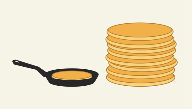 Stack of delicious golden pancakes next to a small black frying pan with a single pancake cooking on a warm background.