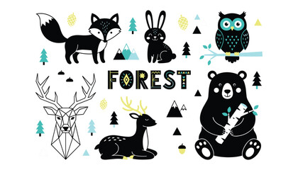 Obraz premium Cute scandinavian style forest animals set with black bear fox deer owl and rabbit flat vector illustration isolated on white background