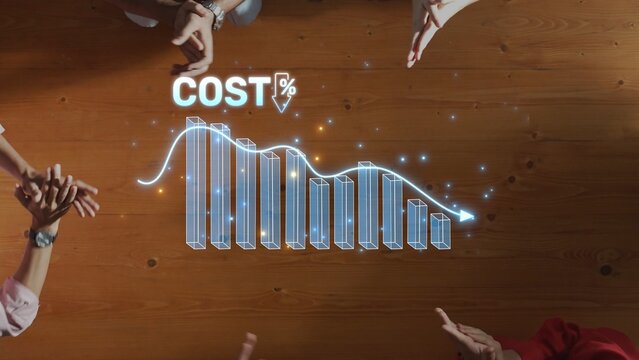 Diverse hands gather around a wooden table, analyzing a transparent cost percentage graph, symbolizing teamwork and insights into financial trends and data analysis. Raster