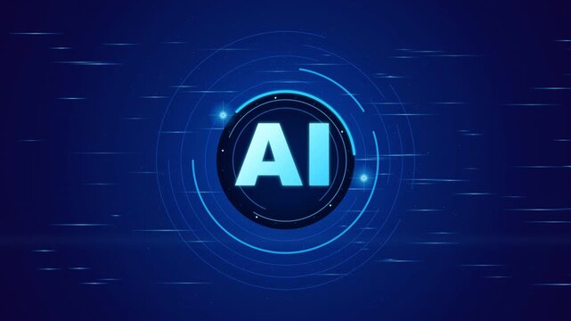 Artificial intelligence glowing text inside futuristic circular HUD interface graphic motion background video clip