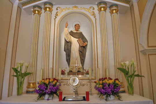 Figure of San Vicente above the altar of the Ermita de San Vicent chapel in Cautivador or Captivador, La Nuc&iacute;a municipality, Alicante province, Valencia region, Costa Blanca, Spain