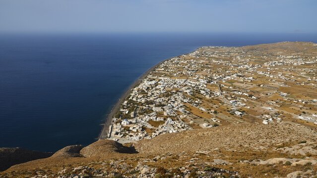 View down, Perissa, Old Thera, Mountain top, Archaeological site, Perissa, Kamari, Santorini Island, Cyclades, Greece