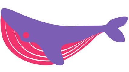Colorful purple and pink cartoon whale with fins and a large tail, isolated as a playful marine animal on a transparent background. © Athok