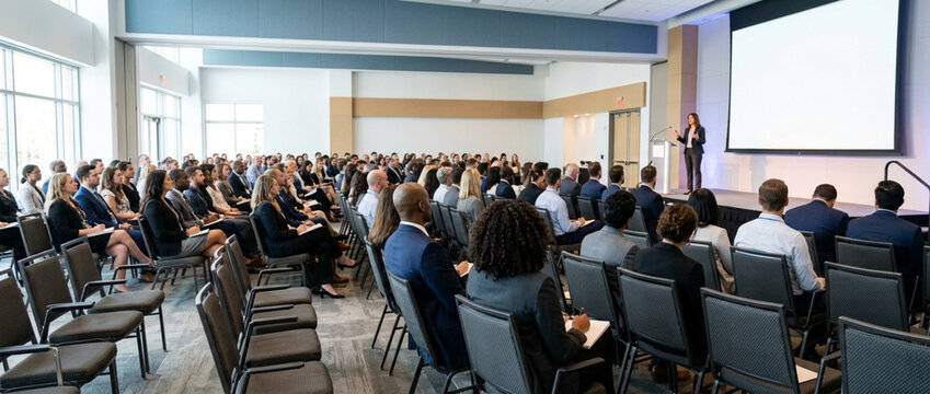 Business Conference Audience Listening to Speaker on Stage with Presentation Screen