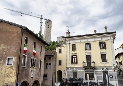 Houses and Torre dell' orologio of the Castello di Gemona fortress, Gemona del Friuli, Friuli-Venezia Giulia, Italy