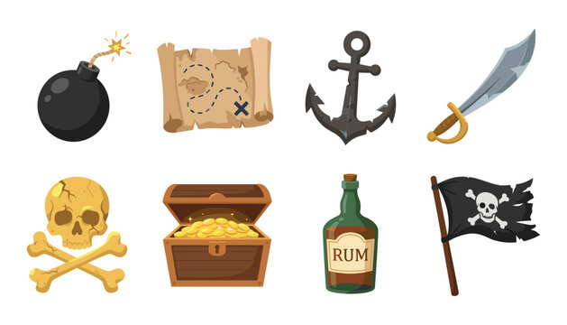 Pirate adventure vector element icon collection featuring treasure chest gold coins map bomb skull crossbones anchor rum bottle flag set