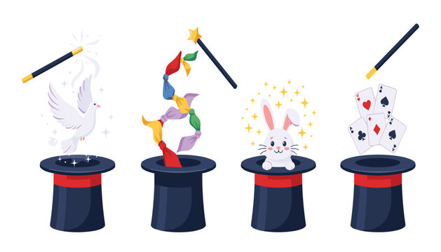Magic show trick vector elements collection featuring magician cylinder hats magic wands rabbit cards dove and colorful handkerchiefs set