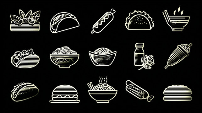 Collection of hand drawn chalk style street food icons isolated on black with fast food.