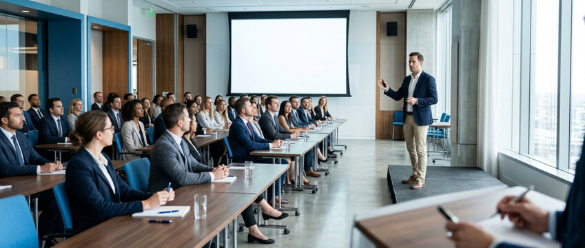 Business Conference Presentation - Speaker Engaging Audience in Modern Room