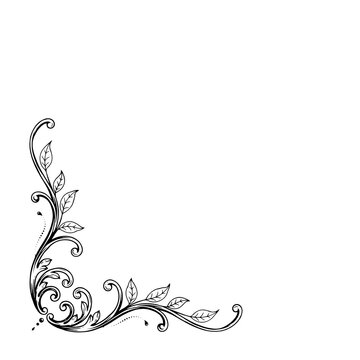 Black ink floral corner border with swirls and leaves isolated on a transparent background