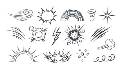 Comic book speed lines effect vector collection featuring black hand drawn explosions wind dust clouds and lightning bolt icons © moinul