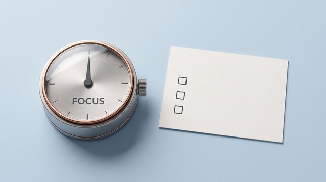 Industrial pressure gauge labeled focus next to a white card with three empty checkboxes todo list time management business strategy
