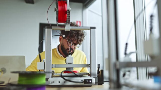 A focused man with curly hair and glasses operates a 3D printer, surrounded by spools of filament and a laptop