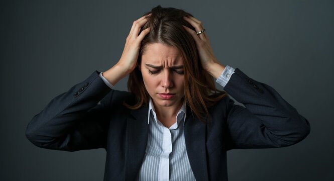 A professional businesswoman visibly stressed while holding her hair, capturing the intense atmosphere of workplace pressure, with essential negative space for contextual messages.