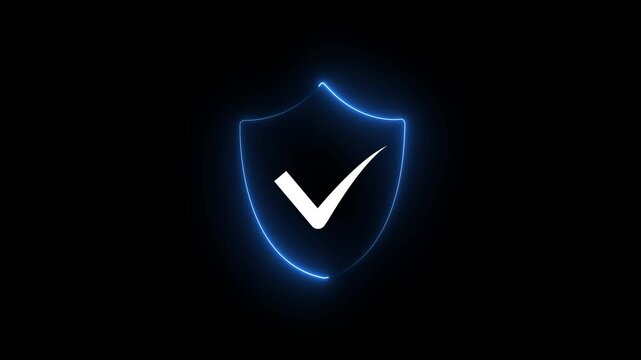 Glowing neon security shield with cyan checkmark line icon animation loop on dark black background for cyber protection and data safety UI overlay