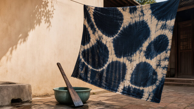 Tissu nig&eacute;rian adire indigo s&eacute;chant sur une corde