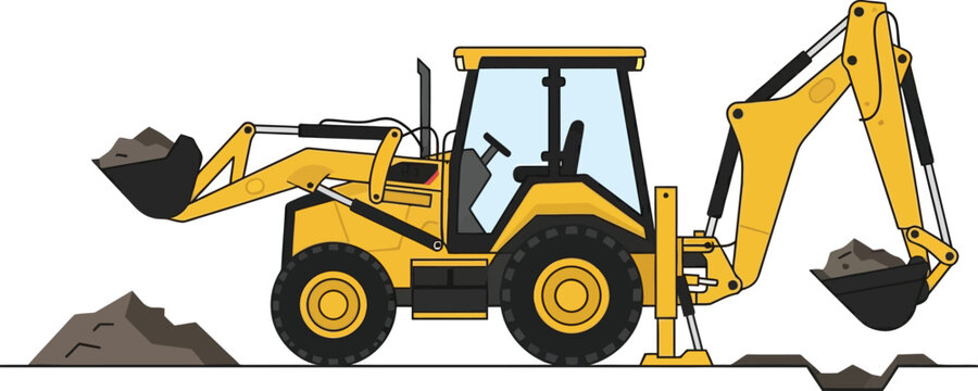 Yellow backhoe loader vector illustration, heavy construction equipment digging soil, industrial machinery for earthmoving and excavation work