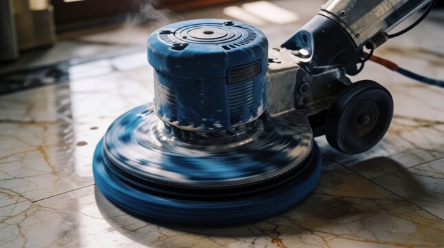 Industrial floor buffer machine polishing a marble surface for