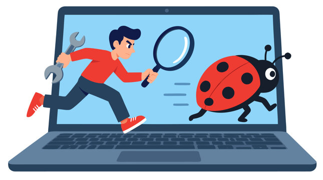 Focused young software developer chasing giant ladybug across open laptop screen holding wrench and magnifying glass debugging code software testing IT support cartoon vector illustration