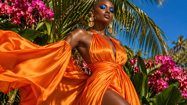 Elegant woman in a flowing orange dress posing among lush tropical foliage and vibrant flowers. Ideal for fashion, beauty, summer, travel and luxury lifestyle content.