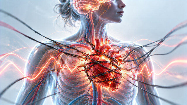 Medical visualization of a woman with a glowing heart, brain and nervous system linked by neural pathways. Ideal for stress, cardiovascular health, neuroscience and mind-body wellness content.