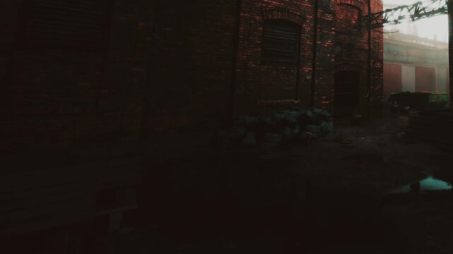 In a city, an alleyway lined with brick buildings is visible. Debris and trash are scattered around. Soft light from the afternoon sun creates shadows on the ground.