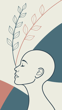 Woman profile with botanical branches emerging from mouth, conceptual illustration of communication, growth, nature, mindfulness and self expression