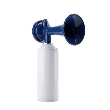 Compressed air horn with blue plastic trumpet isolated on, noise as isolated on transparent background