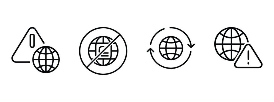 Global network warning line icons set with internet connection error blocked globe sync reload alert & vector illustration with editable stroke.