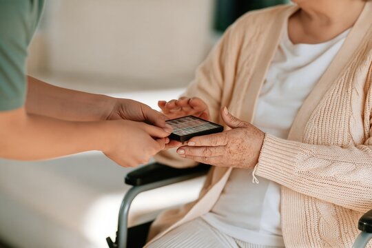 Caregiver handing a brown pill box to a senior woman in a soft yellow cardigan, a natural close view for stroke recovery and elder care