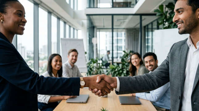 Diverse business partners shaking hands in modern office with smiling team in background