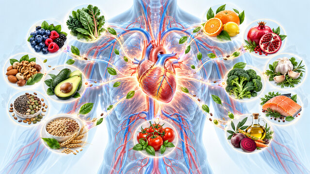 Conceptual medical illustration of heart health showing healthy and harmful lifestyle factors around a glowing cardiovascular system, ideal for cardiology, wellness and prevention campaigns.
