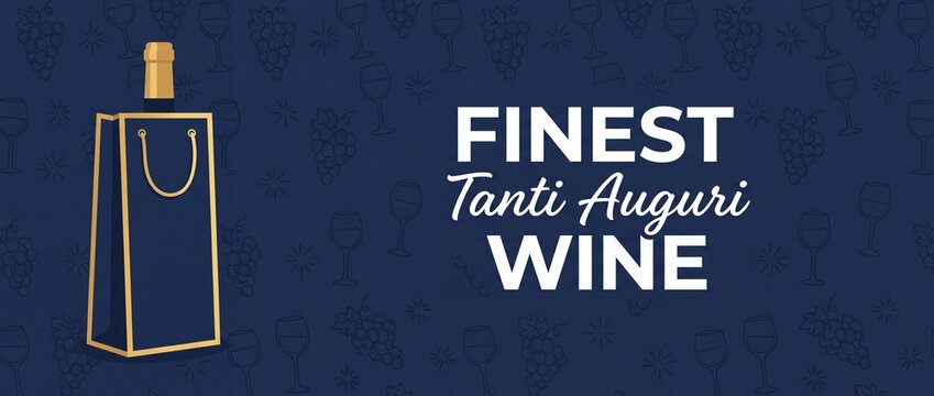 Wine bottle gift bag vector banner with luxury packaging and Italian Tanti Auguri greeting text for elegant birthday celebration, anniversary, party banner and holiday template design background