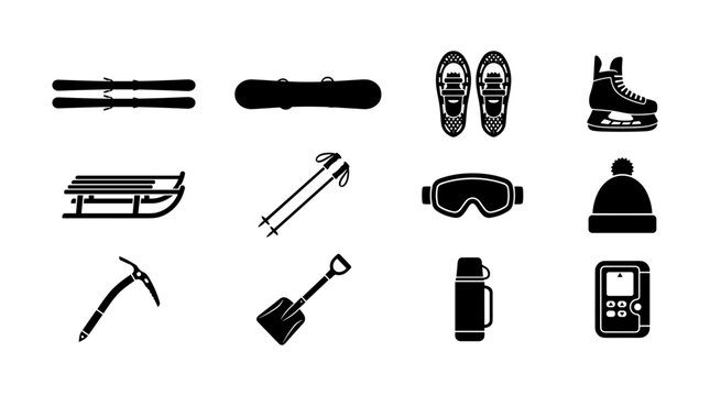Winter Gear Icons Set with Skis, Snowboard, Skates, Sled, Ice Axe, and Warm Clothing. Outdoor Recreation Equipment Illustration.
