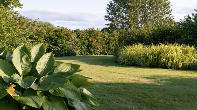 Garden foliage and a curving lawn under a cloudy sky, featuring lush hostas and ornamental grasses for landscape and nature themes