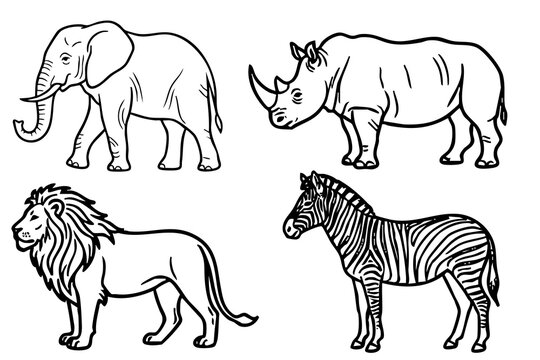 African safari animals line art vector set, minimalist giraffe zebra rhino lion outline collection
