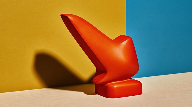 Growing red arrow sculpture with a satin finish sweeping upward against a bright yellow and blue background for business success banners